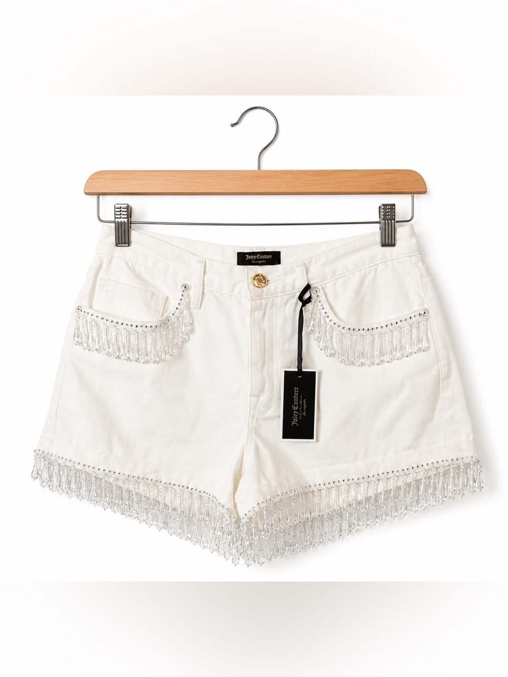 Juicy Couture White Beaded Fringe Shorts Size 27 NWT Festival Boho Glam